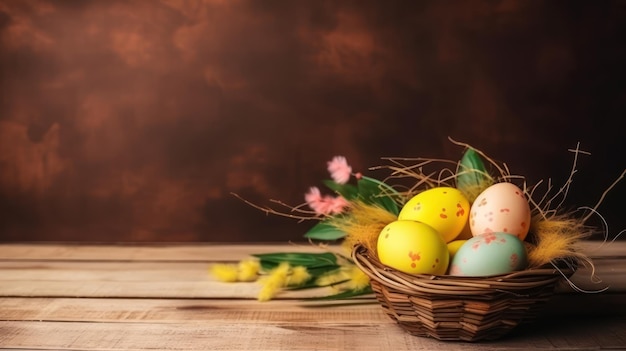 Huevos de Pascua pintados de colores con hojas y flores AI generativa