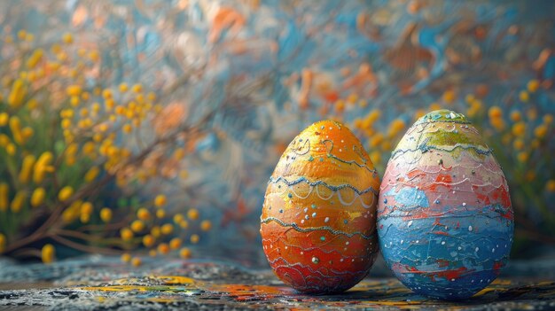 Foto huevos de pascua pintados con colores huevos creativos pysanky en fondo oscuro borroso pintar salpicaduras y remolinos