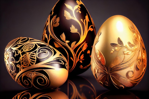 Huevos de Pascua pintados en colores negro y dorado con un patrón floral IA generativa