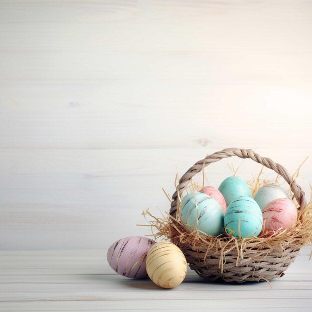 Huevos de pascua pintados en colores pastel en un nido sobre un fondo de madera