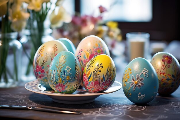 Huevos de Pascua pintados contra un telón de fondo de flores