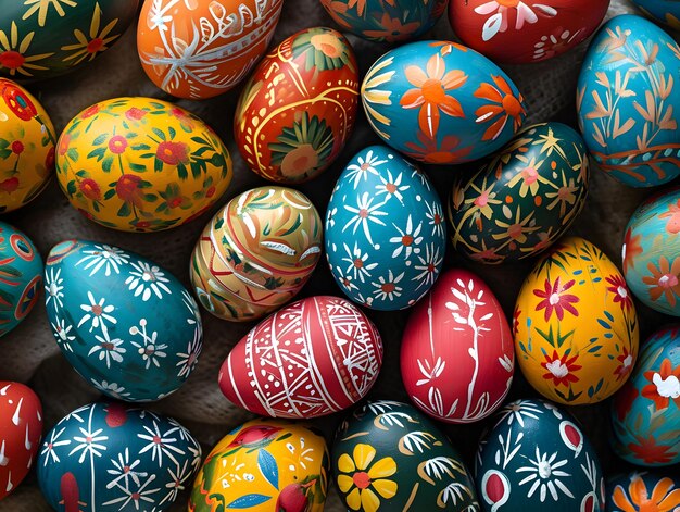 Huevos de Pascua pintados en diferentes colores y patrones sobre un fondo de madera