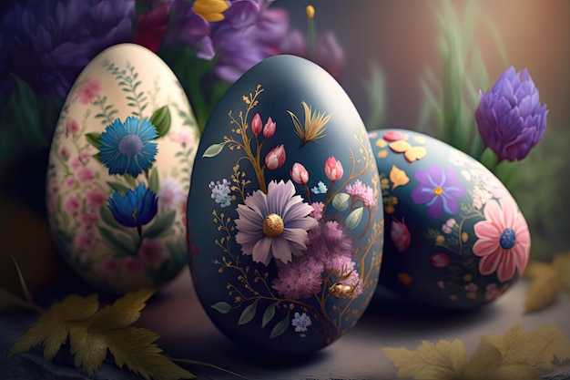 Huevos de Pascua pintados con flores Decoración navideña celebración de primavera fondo colorido IA generativa