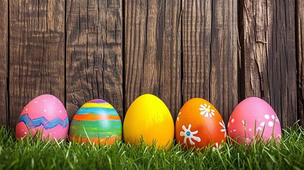 Huevos de Pascua pintados en el fondo de una valla de madera de hierba