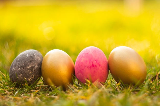 Huevos de pascua pintados en una hierba fresca