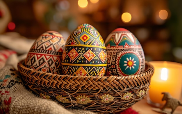 Huevos de Pascua pintados a mano en una acogedora atmósfera a la luz de las velas