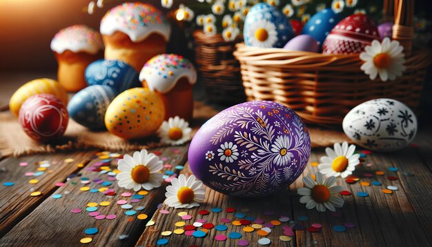 Huevos de Pascua pintados a mano Ambiente acogedor de primavera en la mesa