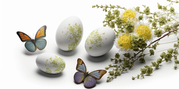 Huevos de Pascua pintados nido de mariposas conejito de Pascua y flores sobre un fondo blanco.