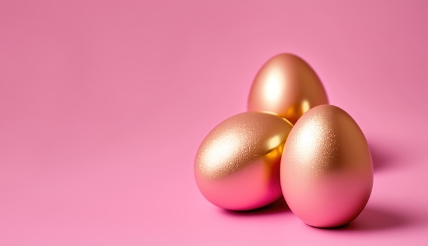 Huevos de pascua pintados de oro sobre fondo rosa sólido