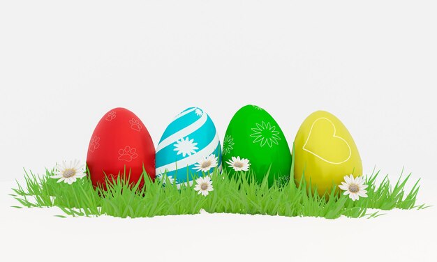 Foto huevos de pascua pintados con patrones básicos estándares comúnmente utilizados temporada de vacaciones de pascua la diversión de los niños en encontrar los huevos que sus padres han escondido renderización 3d