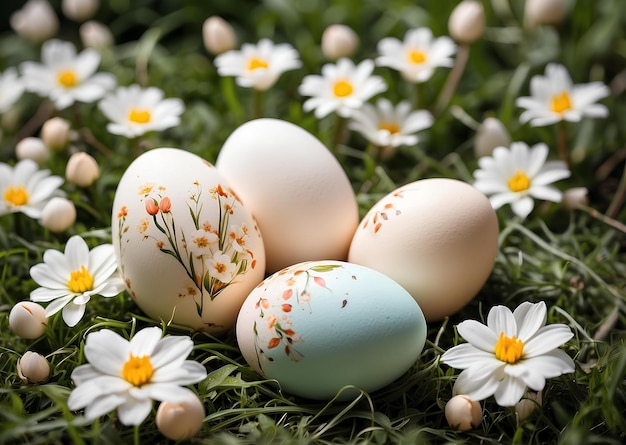 Foto huevos de pascua pintados con patrones florales en la hierba con margaritas blancas generativas ai