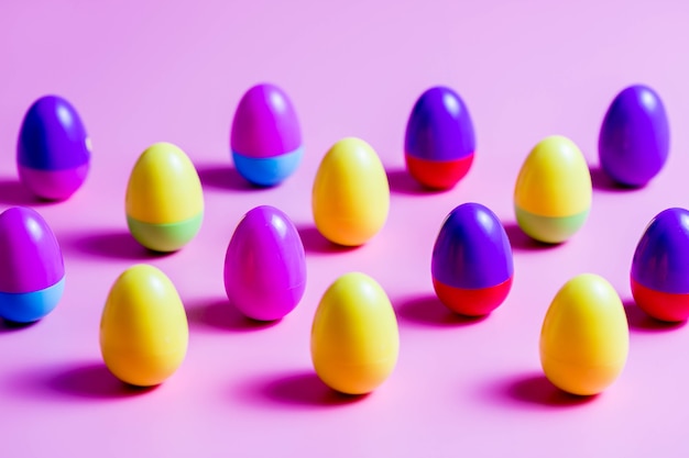 Huevos de Pascua de plástico de colores sobre fondo rosa.