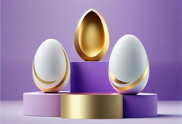 Huevos de Pascua en una plataforma 3D para exhibición de productos en tonos violeta, blanco y dorado Generativo ai