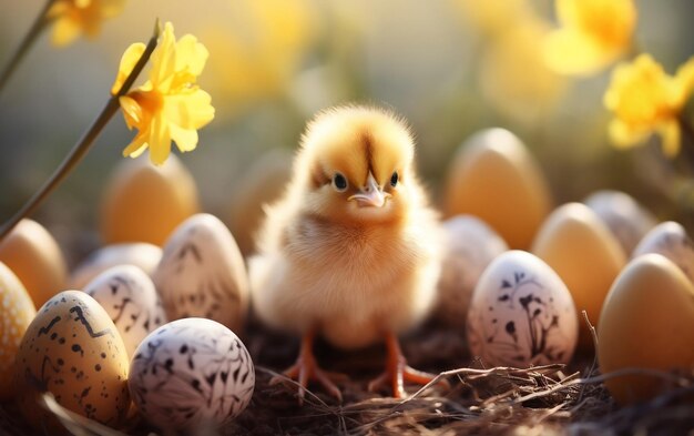 Huevos de Pascua con pollos de fondo AI