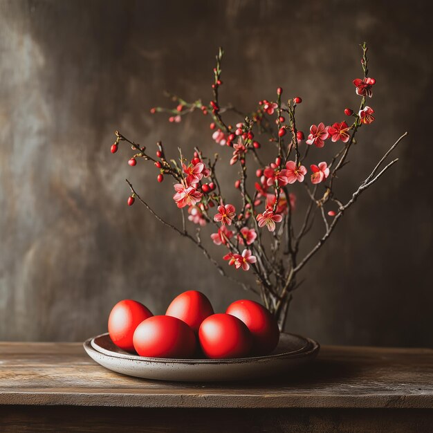 Huevos de Pascua rojos en una mesa rústica