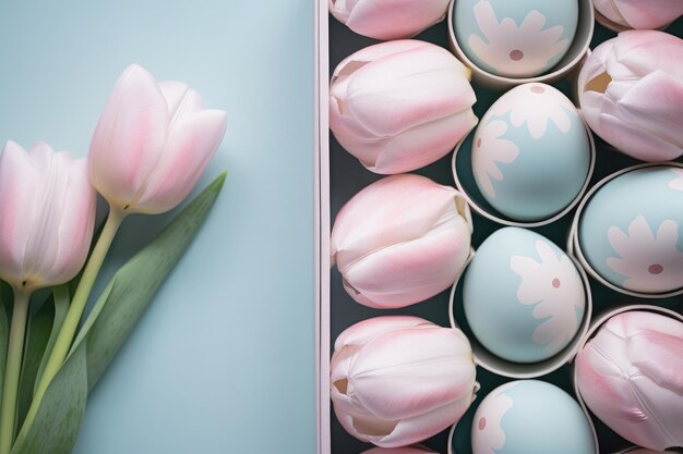 Huevos de Pascua rosados y azules y tulipanes rosados ramo en caja de madera de fondo azul pastel de madera