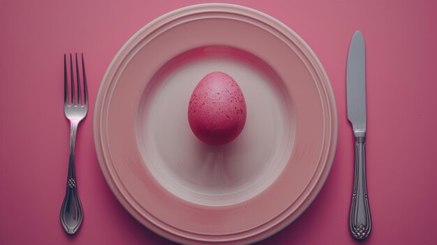 Huevos de Pascua rosados y cuchillo y tenedor de plato en un fondo rosado de moda Configuración de la mesa de Pascua Felices vacaciones de Pascua vista superior