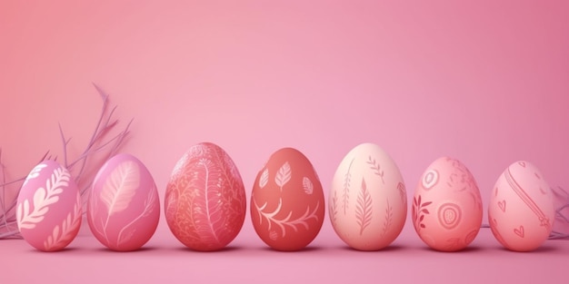 Huevos de pascua rosados en línea con la palabra pascua en la parte inferior.