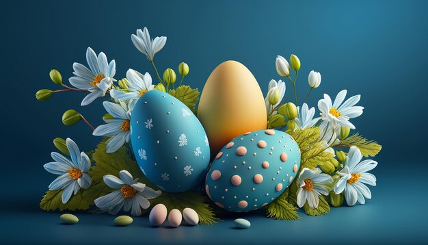 Huevos de Pascua sobre un fondo azul con flores.