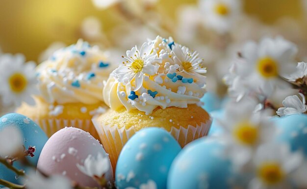 huevos de Pascua sobre un fondo azul huevos de pascua y flores huevos depascua