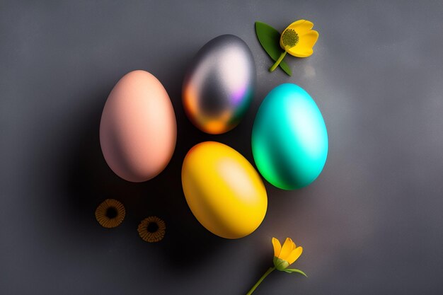 Huevos de Pascua sobre un fondo gris con una flor amarilla.