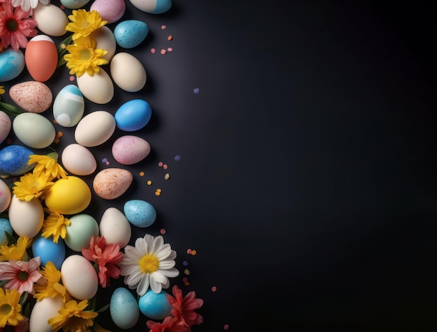 Huevos de Pascua sobre un fondo negro con espacio de copia Carteles de felicitación de Pascua Tarjetas de portadas de vacaciones