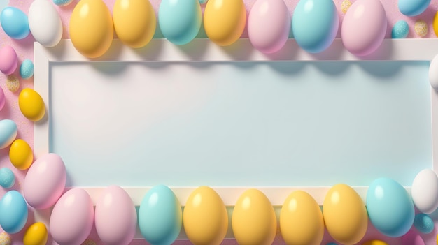Huevos de pascua sobre un fondo rosa con un borde de color pastel