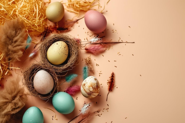 Huevos de pascua sobre un fondo rosa con plumas y una pluma amarilla