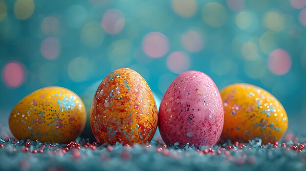 Huevos de Pascua teñidos de colores sobre un fondo azul