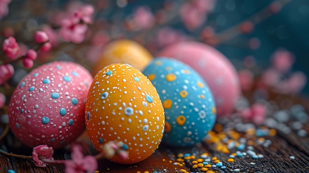 Huevos de Pascua teñidos de colores sobre un fondo azul