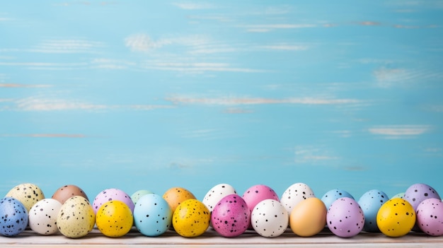 Huevos de Pascua teñidos generativos de IA Azul multicolor turquesa amarillo púrpura y rosa Huevos de pascua pintados con manchas en un fondo de madera Bandera con espacio para copiar