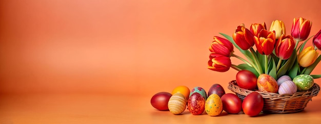 Huevos de Pascua y tulipanes Bandera con espacio para copiar