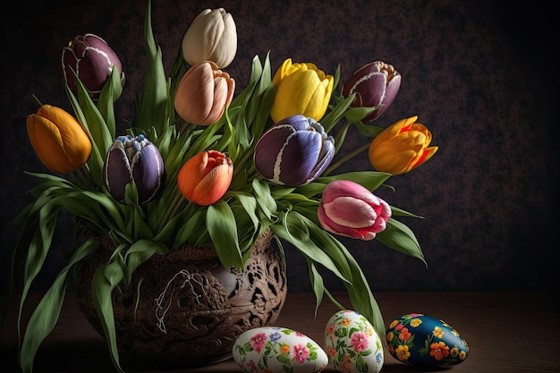 Huevos de Pascua con tulipanes coloridos de primavera en un jarrón Diseño de tarjetas de felicitación