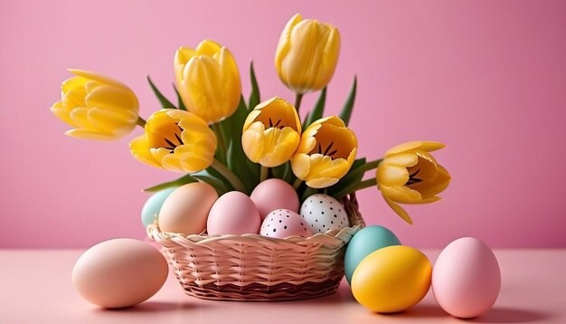 Huevos de Pascua y tulipanes en fondo rosa plantilla de Feliz Pascua Banner generado por IA