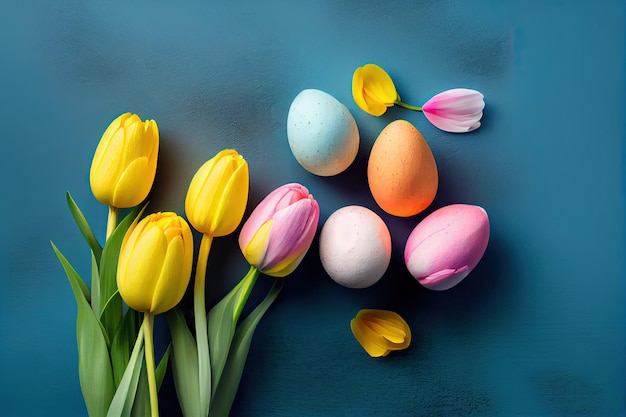 Huevos de Pascua y tulipanes en papel azul para un look festivo de primavera Un plano colorido de huevos pintados y flores de tulipanes para Pascua