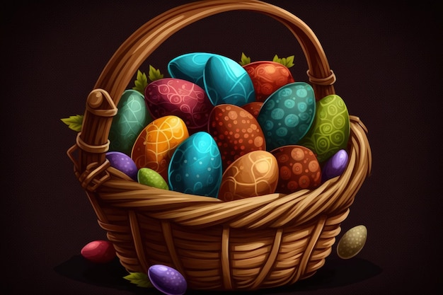 Huevos de Pascua de varios colores en una canasta marrón IA generativa