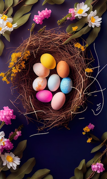 Huevos de pascua en la vista superior del nido con espacio de copia concepto de pascua feliz IA generativa