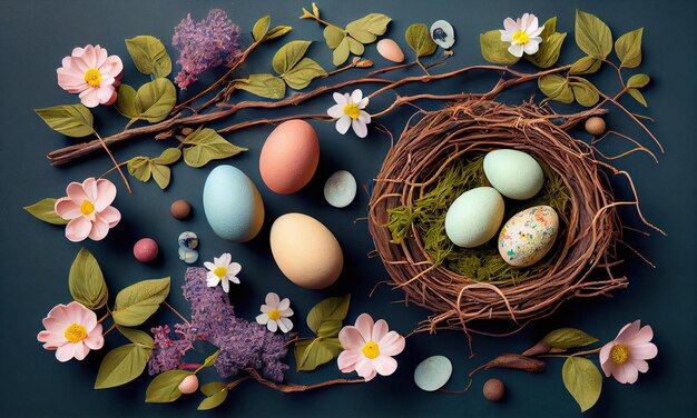 Huevos de pascua en la vista superior del nido con espacio de copia sobre un fondo negro feliz concepto de pascua IA generativa