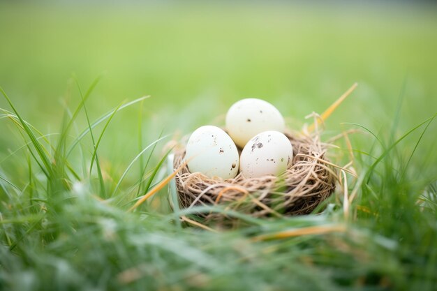 Huevos de pato en el nido con fondo de hierba