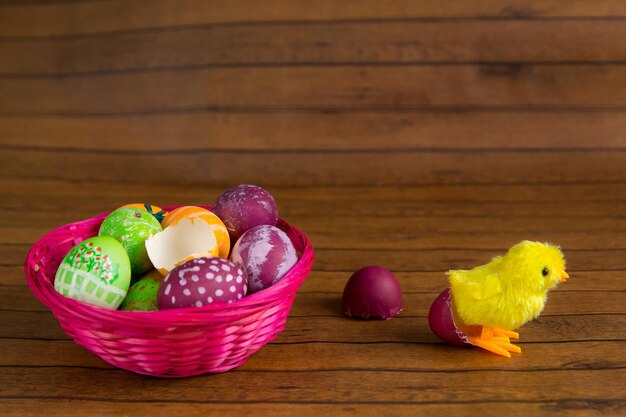 Huevos pintados de color Pascua en canasta y pollito de juguete