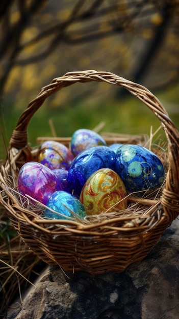 Huevos pintados de colores en una canasta de mimbre