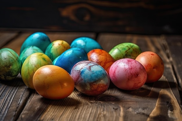Huevos pintados de colores dispuestos en fila sobre una mesa de madera rústica IA generativa