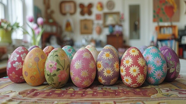 Huevos pintados de colores en la mesa