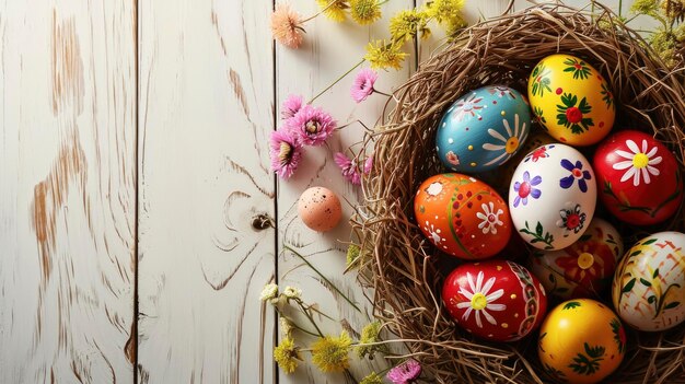 Huevos pintados con flores Bandera de Pascua con espacio de copia con una canasta de huevos en el suelo de madera blanca