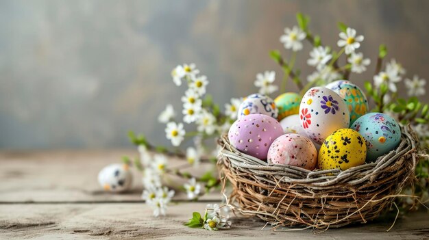 Huevos pintados con flores Bandera de Pascua con espacio de copia con una canasta de huevos en el suelo de madera blanca