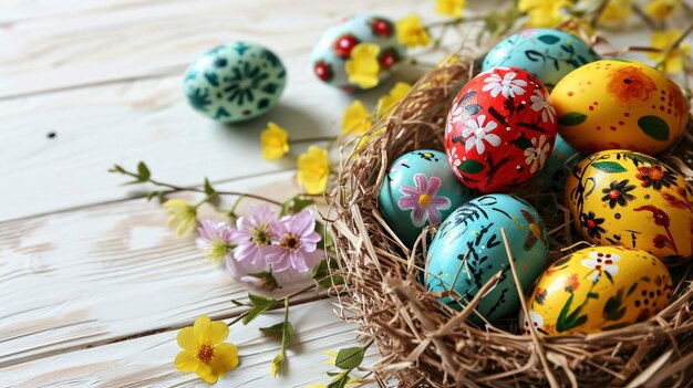 Huevos pintados con flores Bandera de Pascua con espacio de copia con una canasta de huevos en el suelo de madera blanca