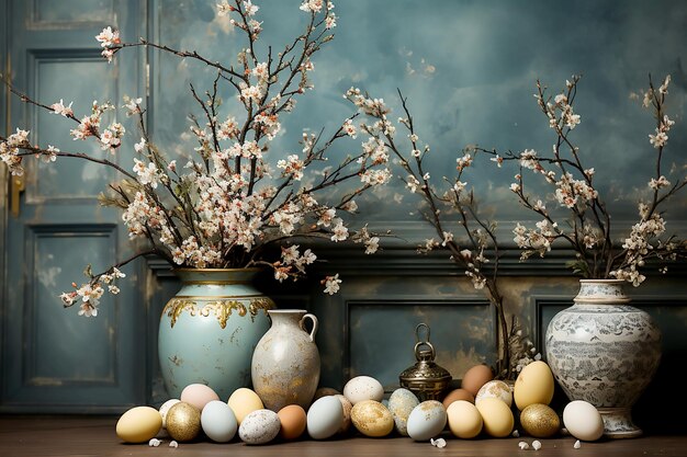 Huevos pintados y flores en el interior
