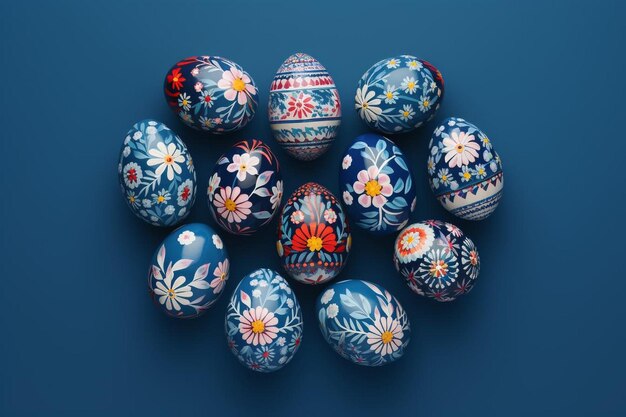 Huevos pintados con flores sobre fondo azul