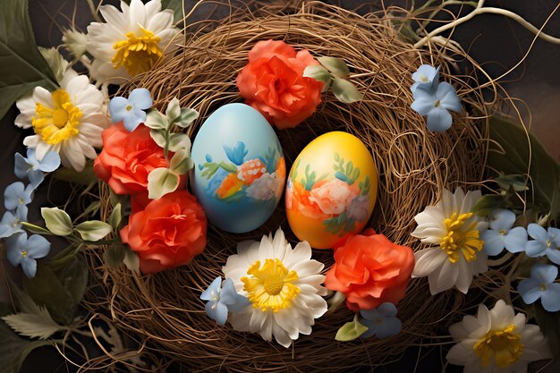 Huevos pintados y flores en la temporada de Pascua