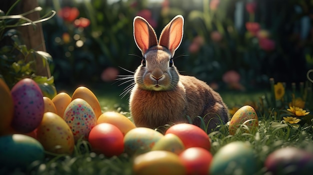 Huevos pintados de Pascua en una canasta en la hierba en un fondo soleado de primavera con un conejo AI generativo